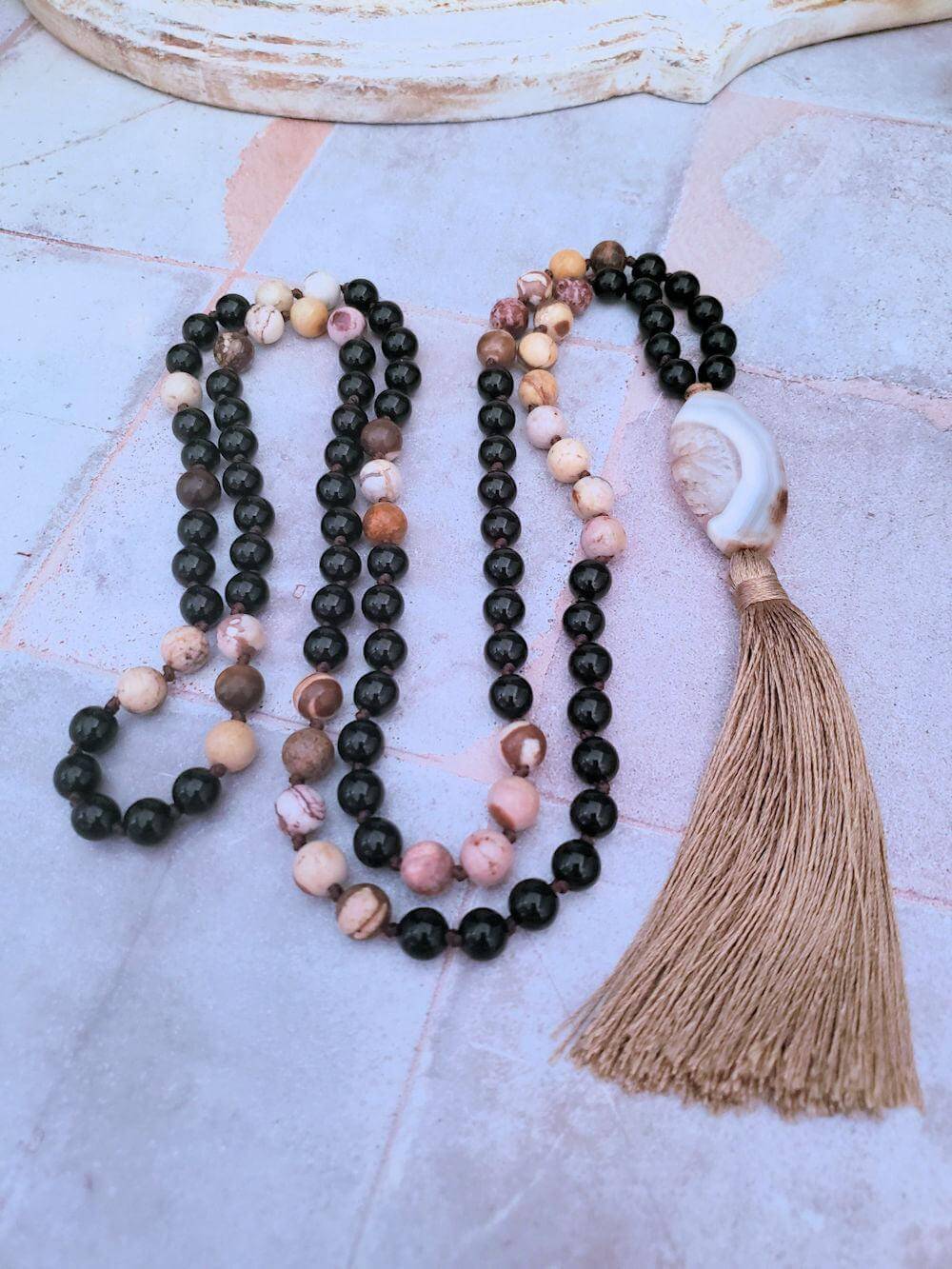 Agate Slice Mala Necklace - Onyx and Brown Zebra Jasper  Summer Indigo 