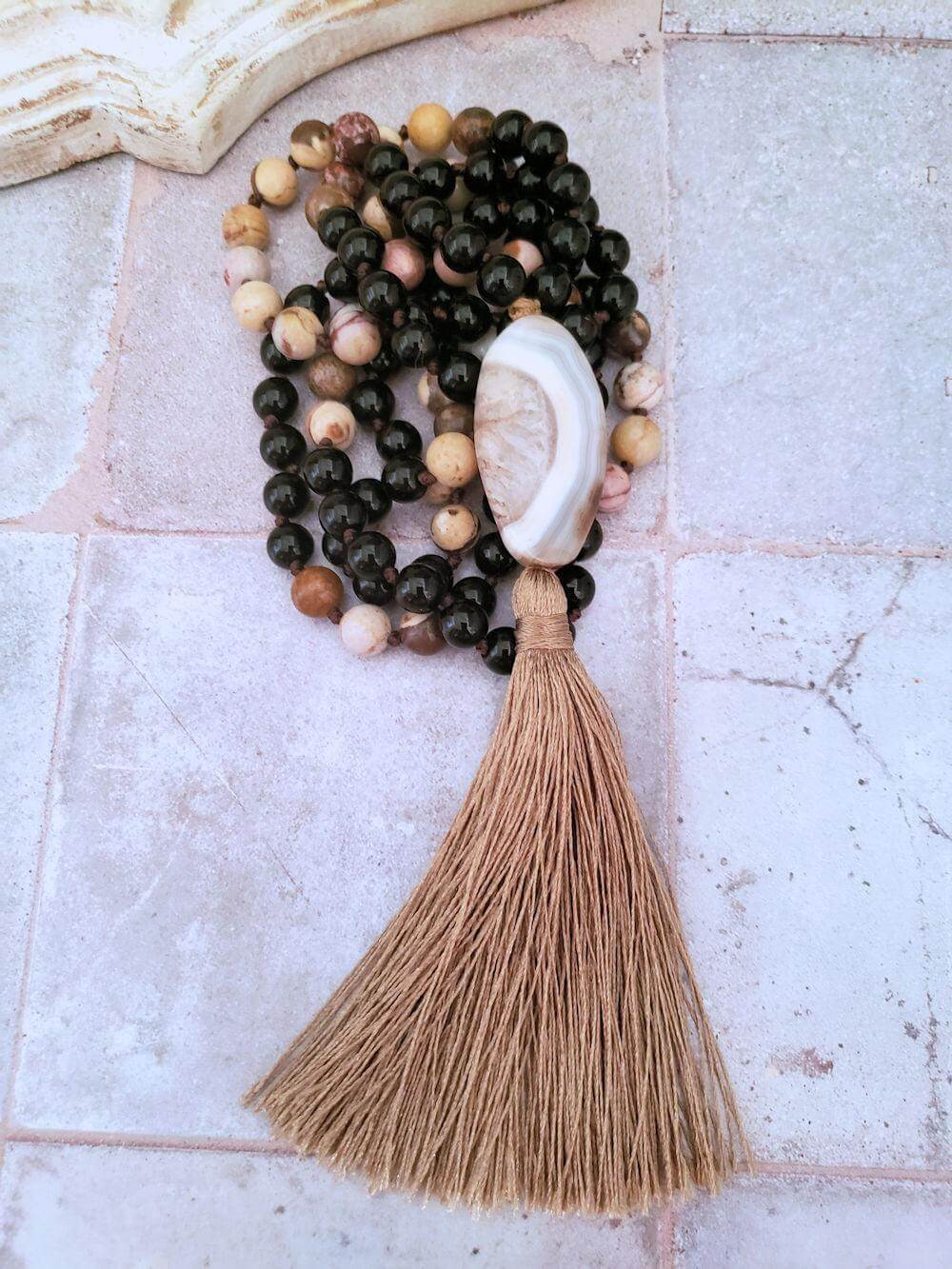 Mala Necklace - Agate, Onyx and Brown Zebra Jasper