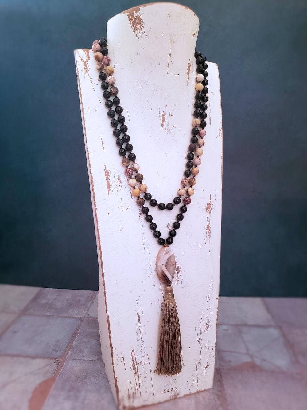 Agate Slice Mala Necklace - Onyx and Brown Zebra Jasper  Summer Indigo 