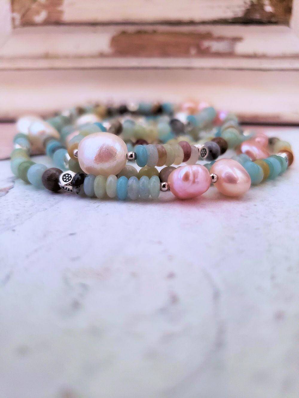 Amazonite and Pearl Necklace  Summer Indigo 