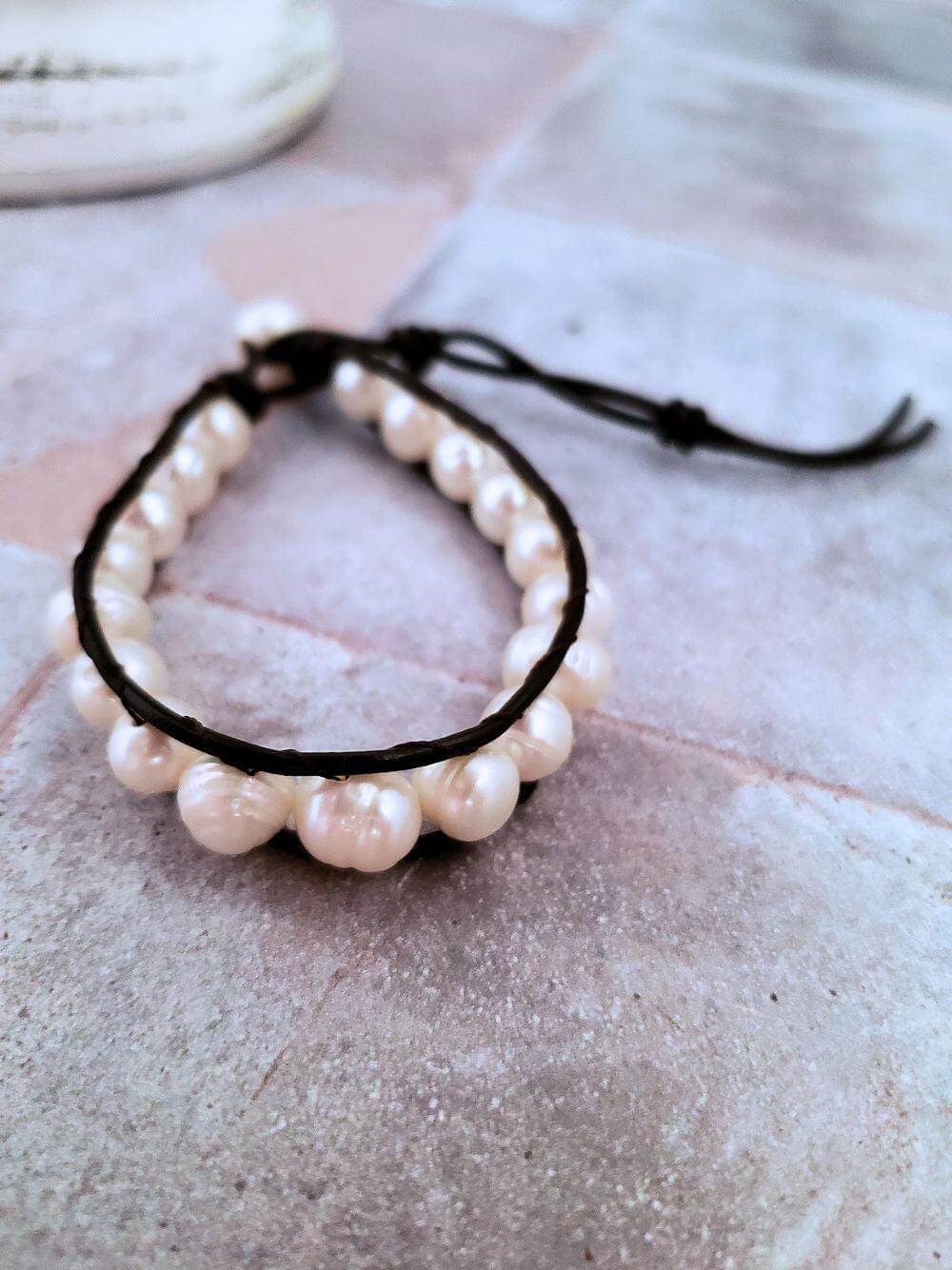 Leather and Pearl Bracelet - Single Wrap  Summer Indigo 