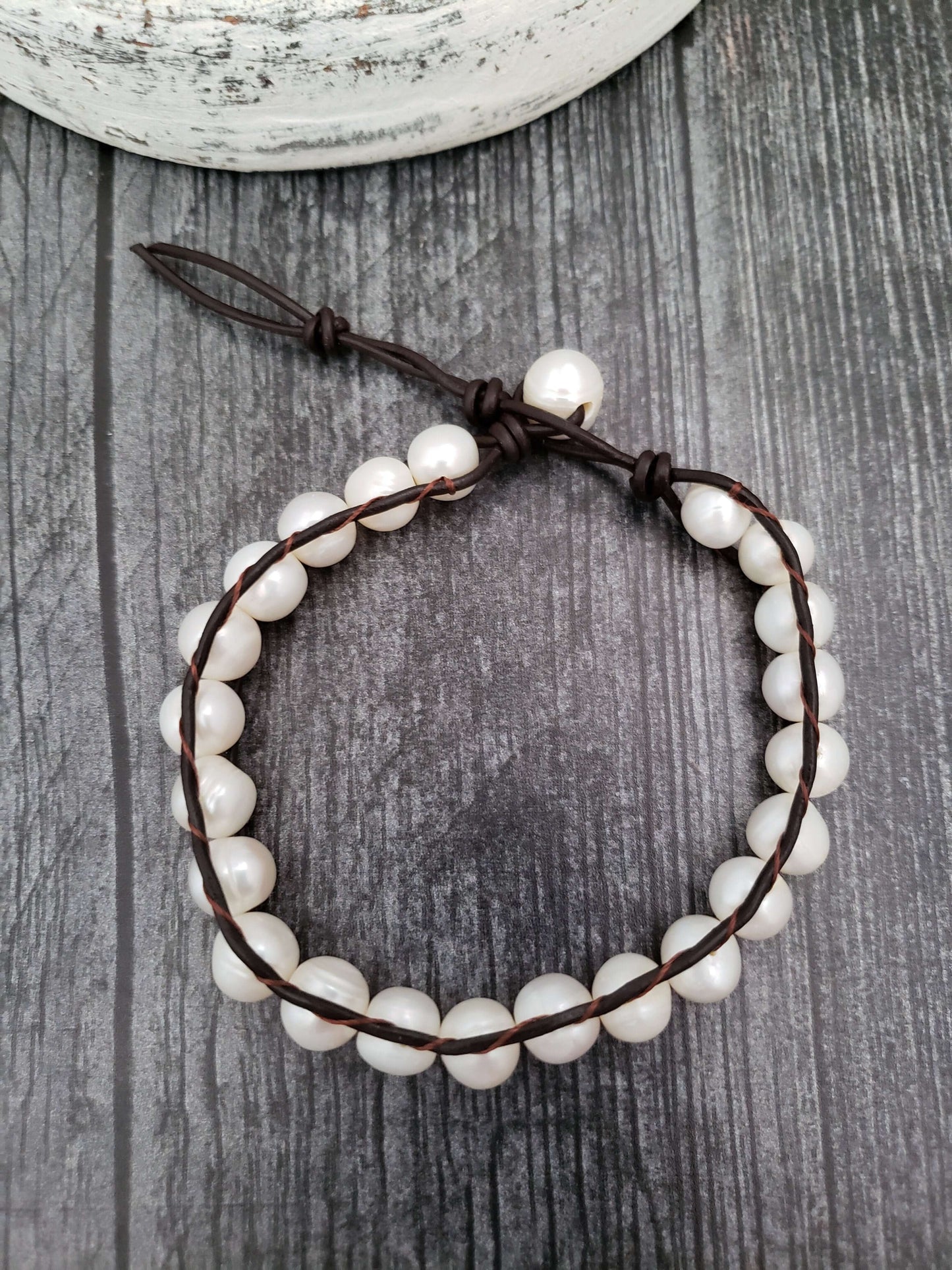 Leather and Pearl Bracelet - Single Wrap  Summer Indigo 