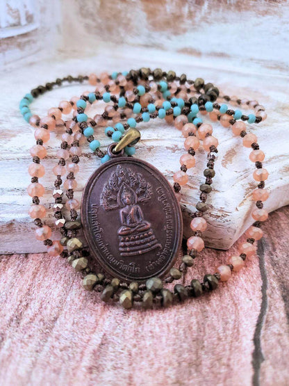 Antiqued Metal Buddha Pendant Necklace  Summer Indigo 