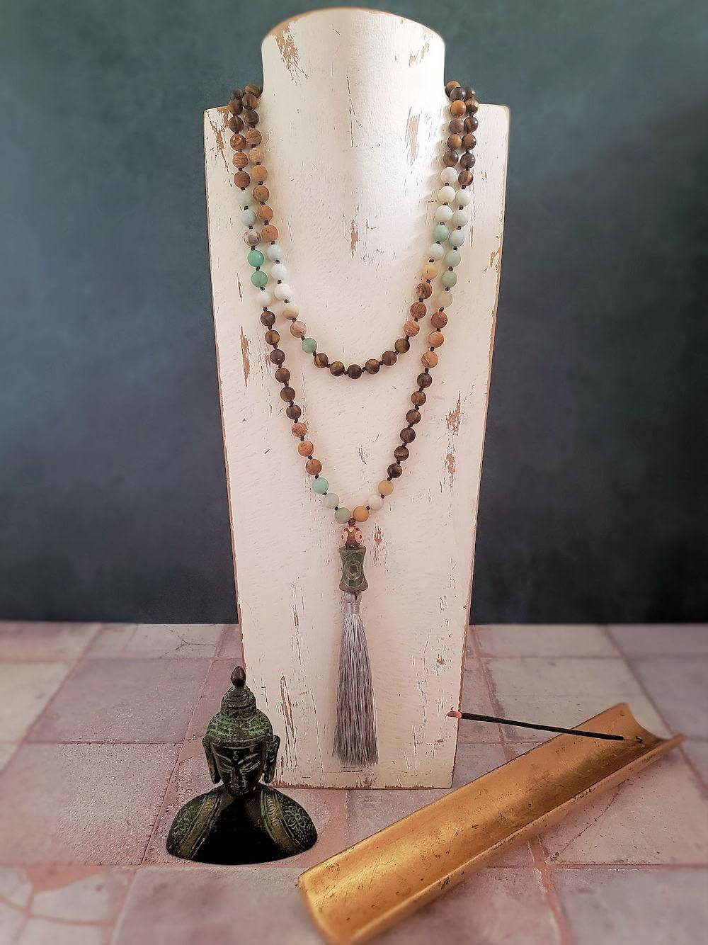 Mala Necklace - Mixed Stones and Dzi Beads with Sage Tassel