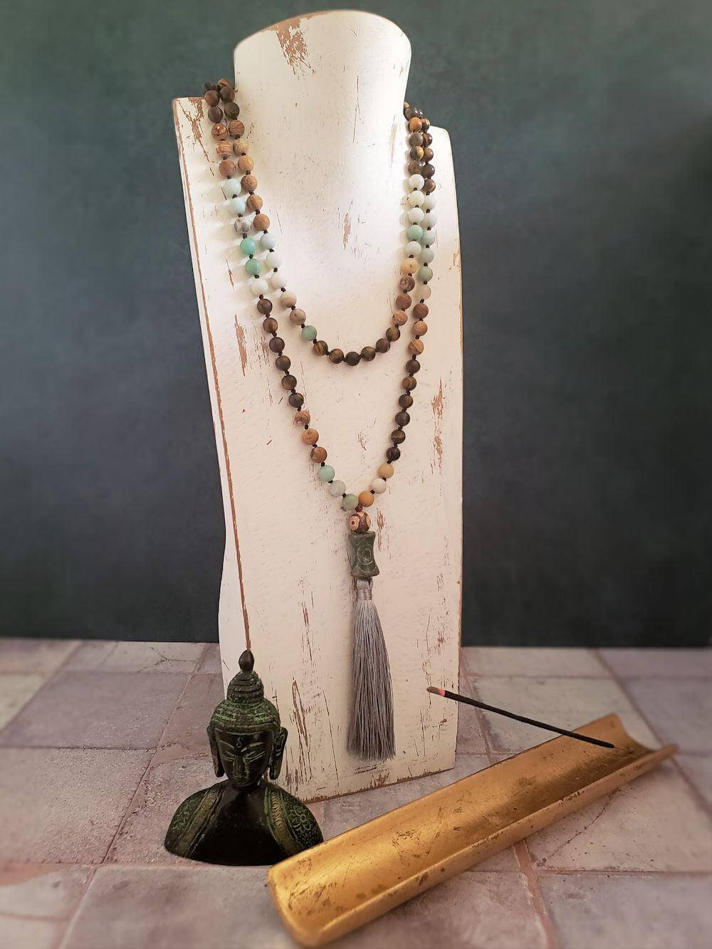 Mala Necklace - Mixed Stones and Dzi Beads with Sage Tassel