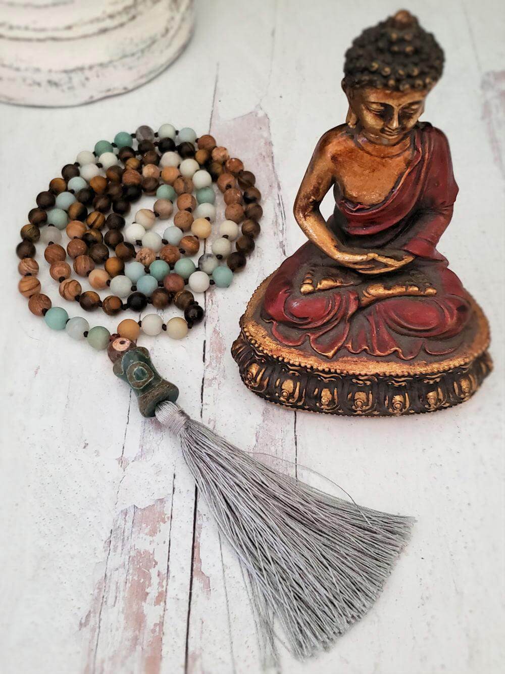 Mala Necklace - Mixed Stones and Dzi Beads with Sage Tassel