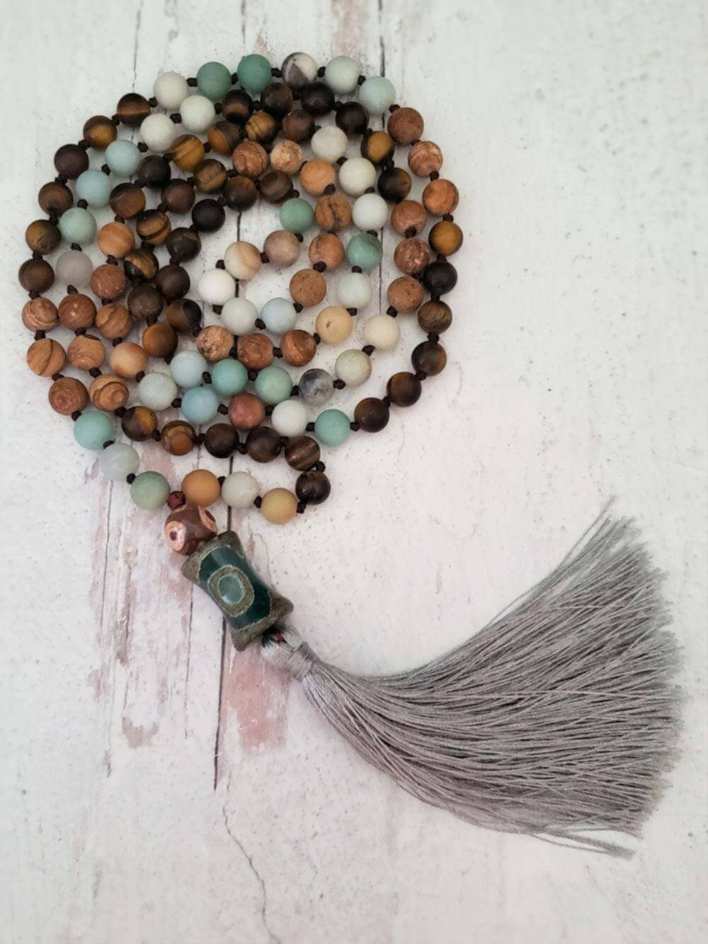 Mala Necklace - Mixed stones and Dzi beads  Summer Indigo 