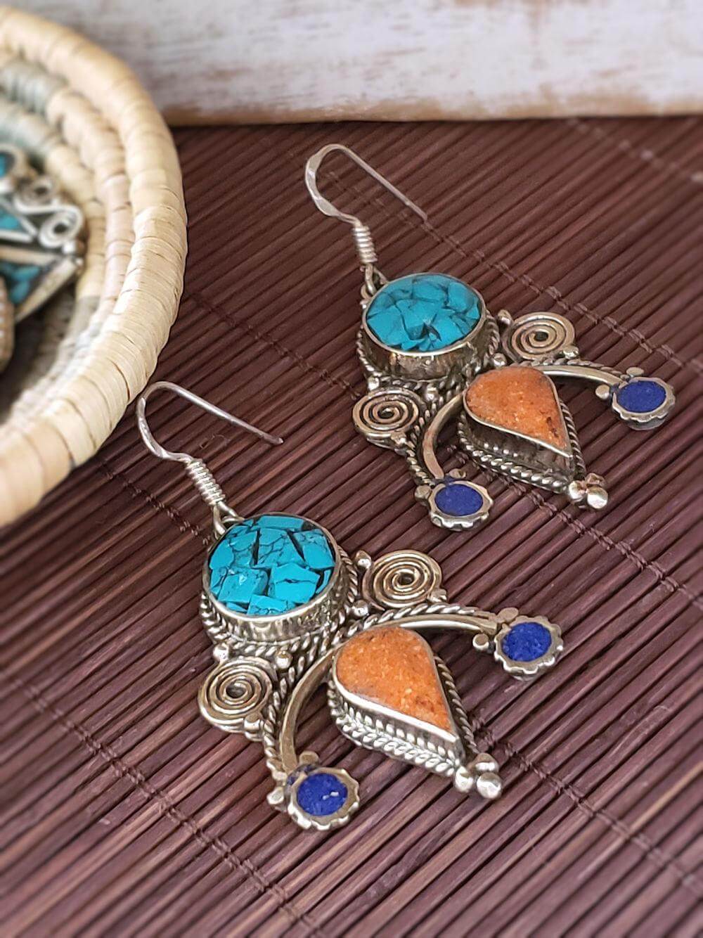 Turquoise and Coral Earrings - Tibetan Style