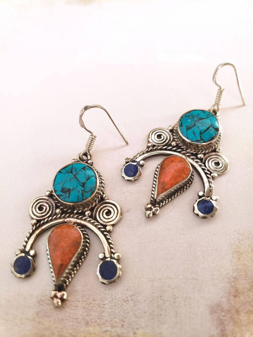 Turquoise and Coral Earrings - Tibetan Style  Summer Indigo 