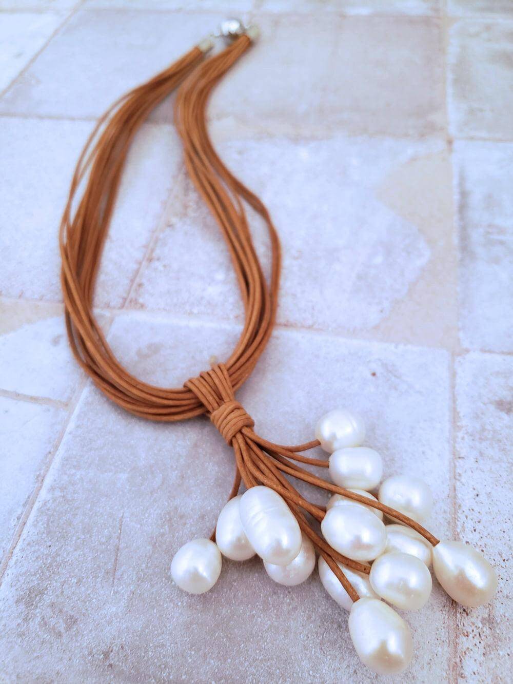 Pearl Cluster Necklace - Tan Leather  Summer Indigo 