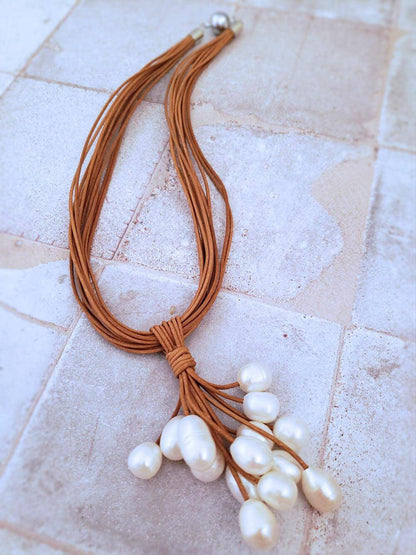 Pearl Cluster Necklace - Tan Leather  Summer Indigo 