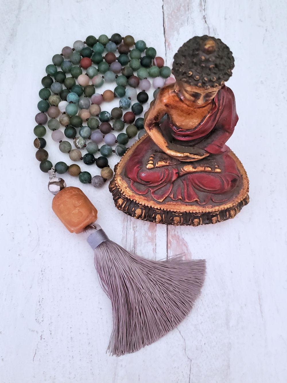 Jade Buddha Mala Necklace on India Agate  Summer Indigo 