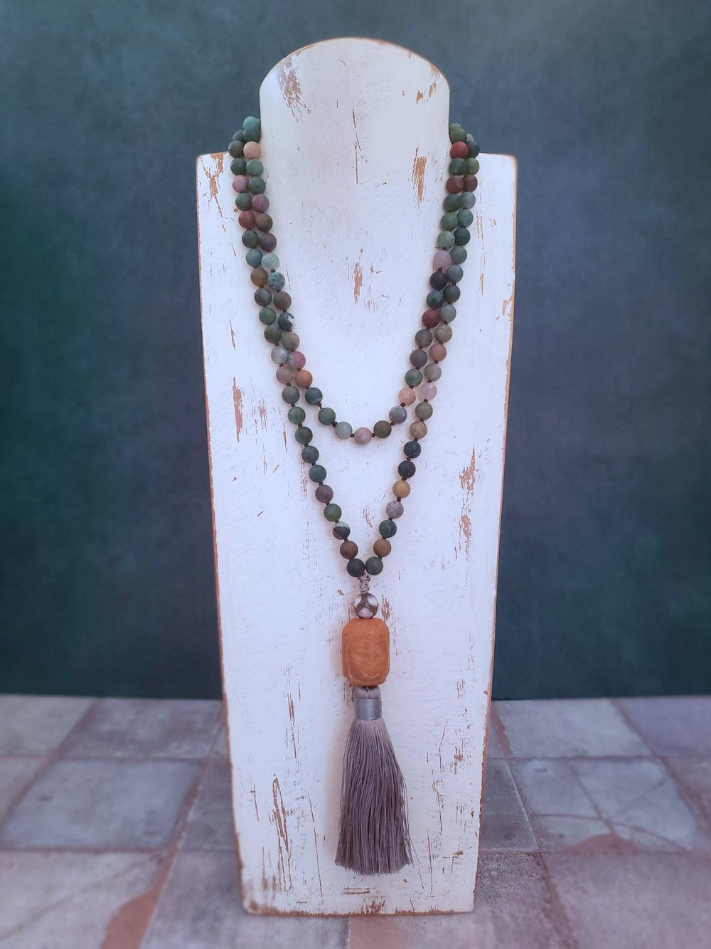 Jade Buddha Mala Necklace on India Agate  Summer Indigo 