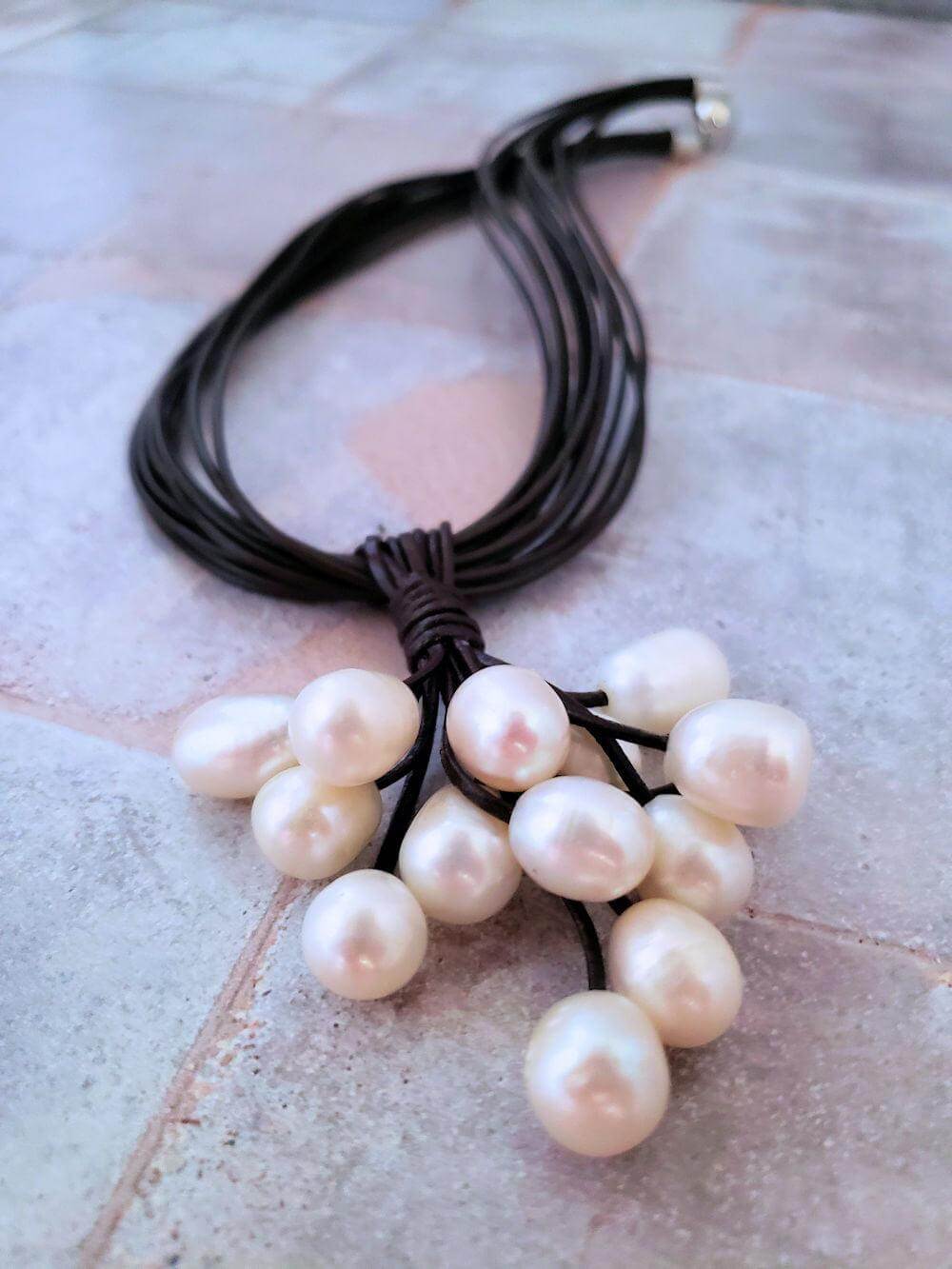 Leather and Pearl Cluster Necklace Summer Indigo