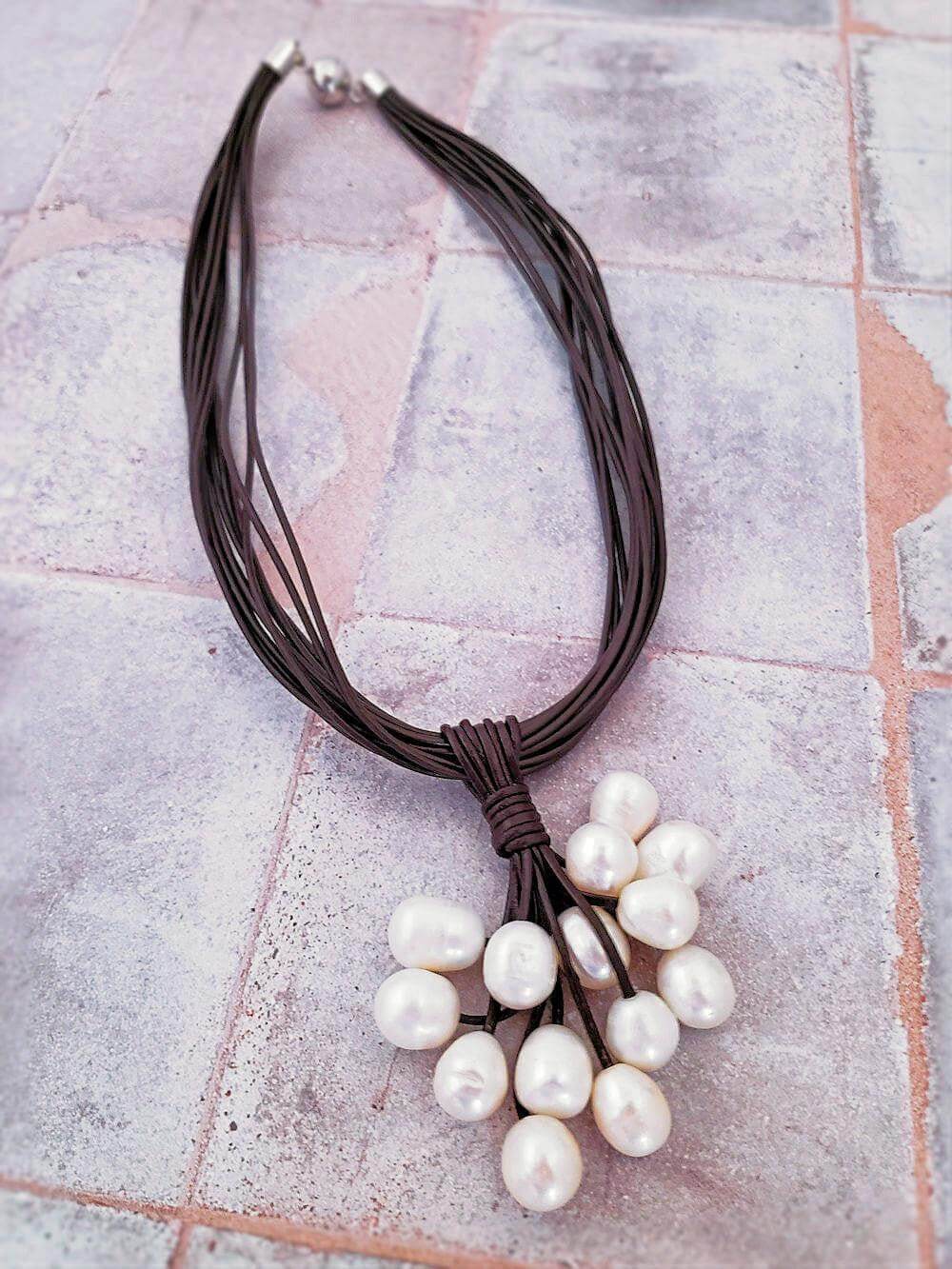 Leather and Pearl Cluster Necklace  Summer Indigo 