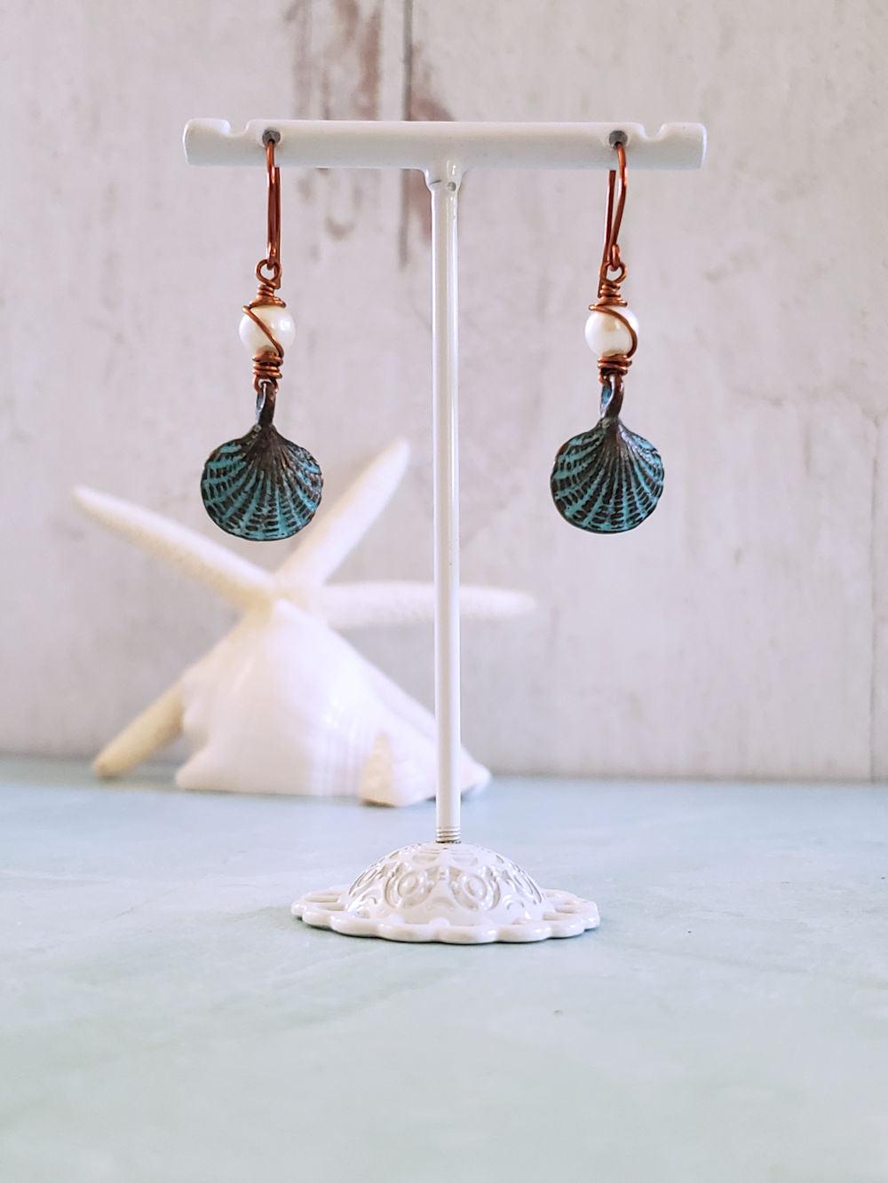 Scallop Sea Shell Earrings - Patina Copper & Pearls  Summer Indigo 