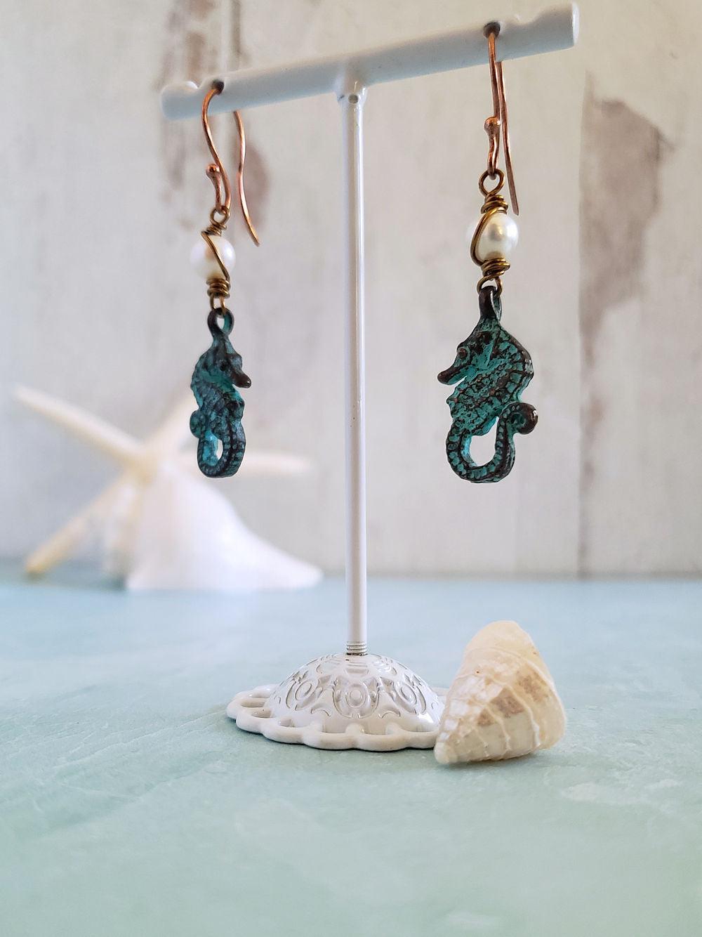 Seahorse Earrings - Pearls & Patina Copper