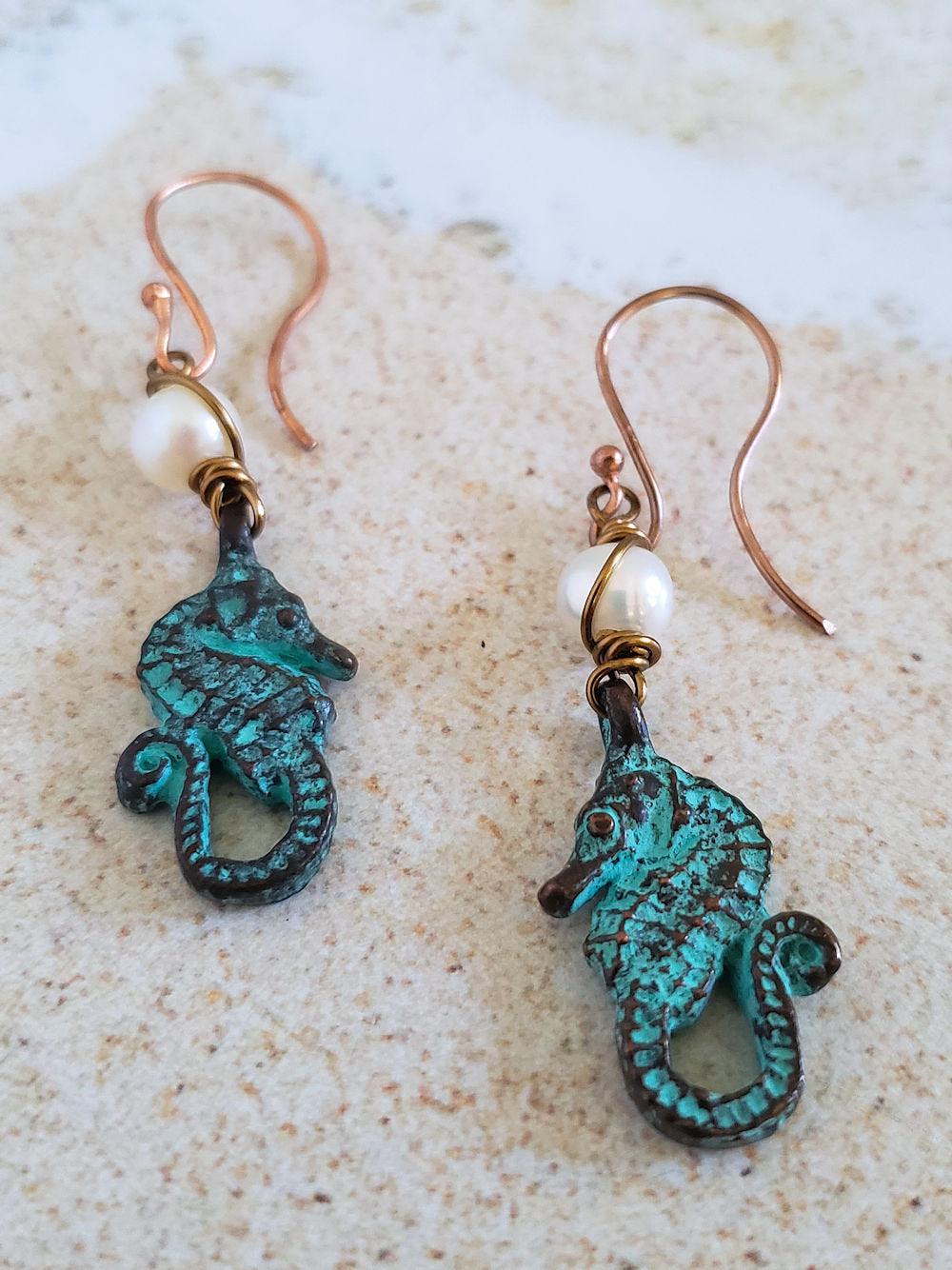 Seahorse Earrings - Pearls & Patina Copper  Summer Indigo 