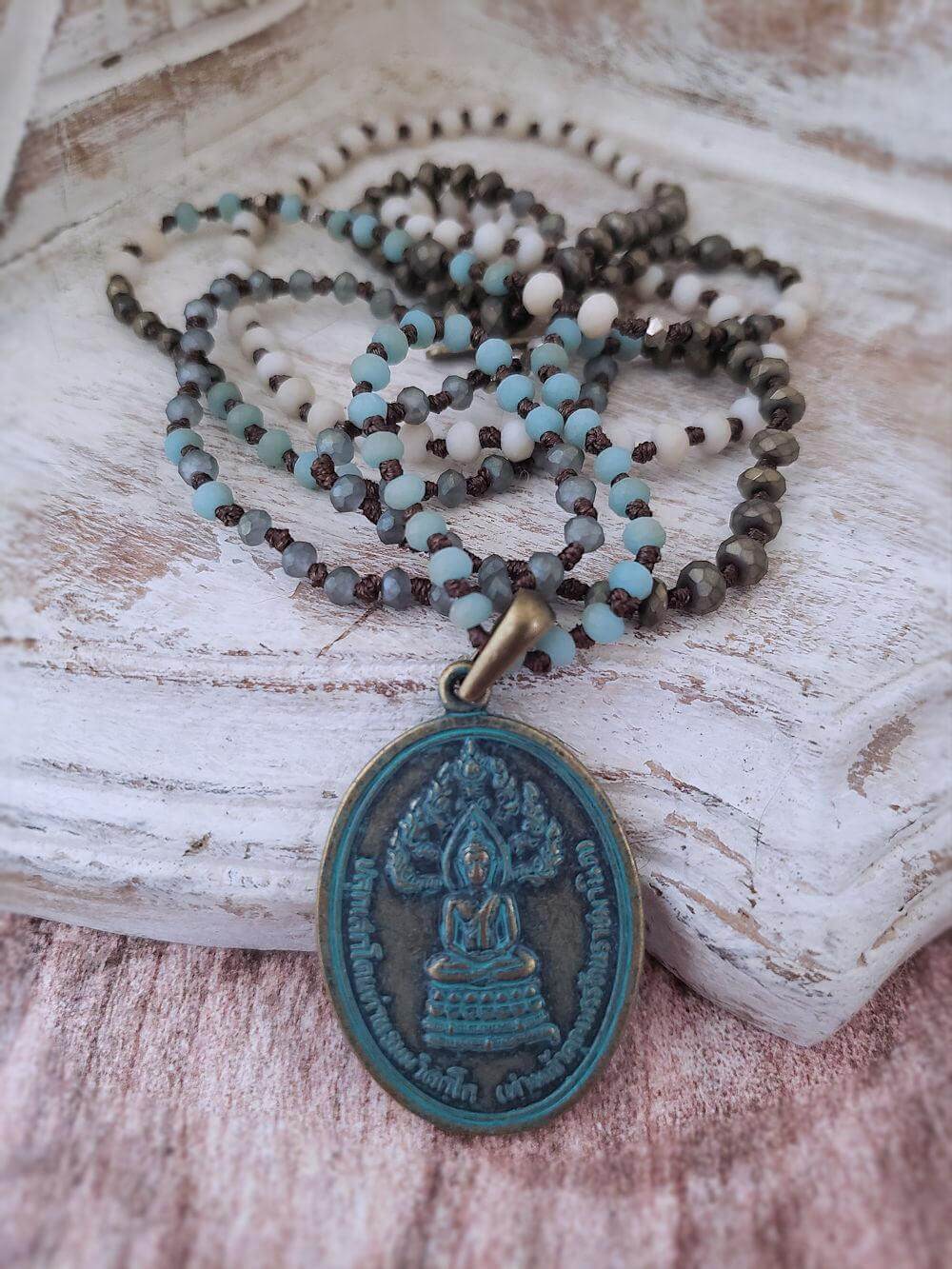 Antiqued Metal Buddha Pendant Necklace  Summer Indigo 