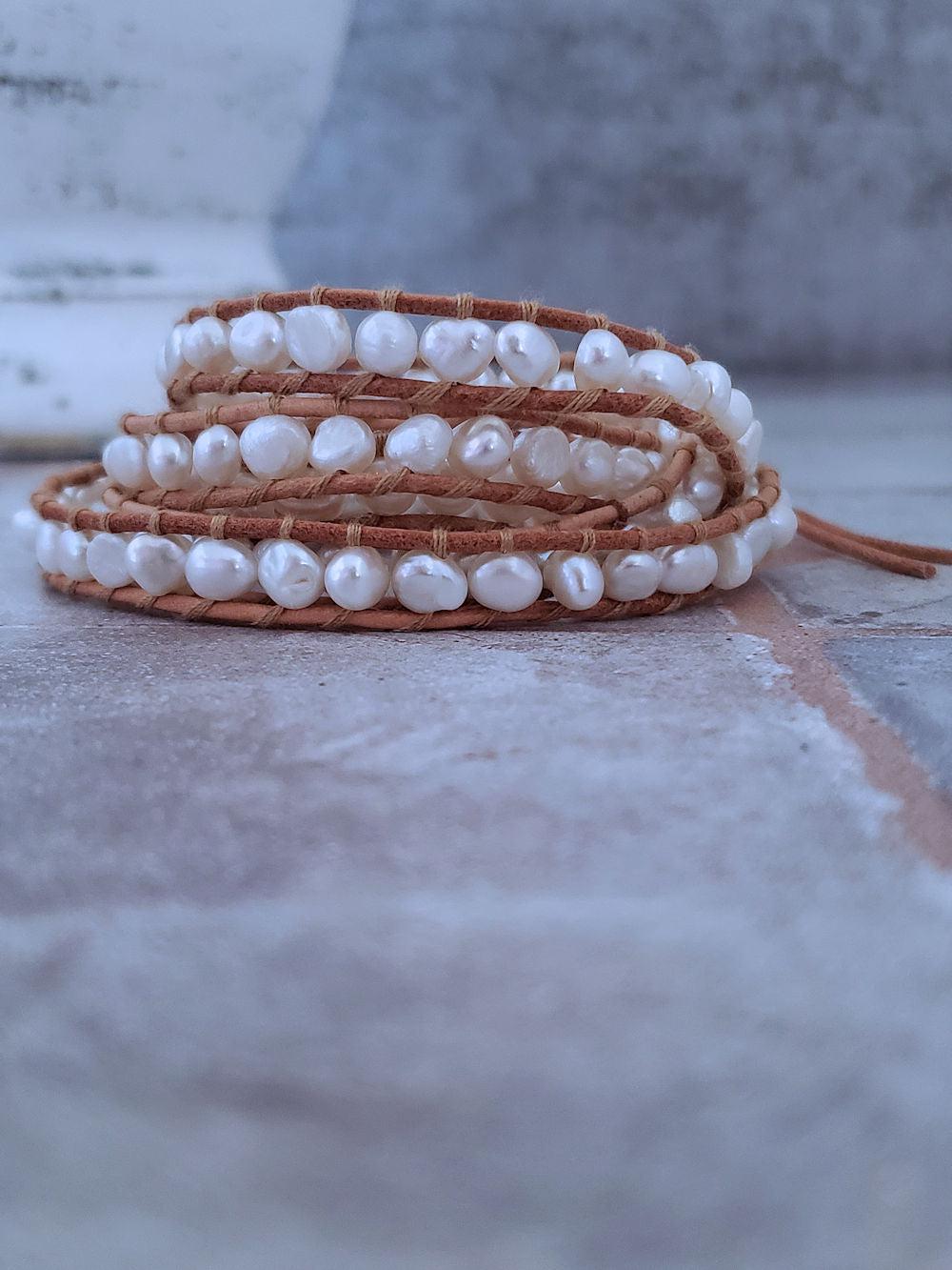 Pearl and Leather Bracelet - White Pearls  Summer Indigo 