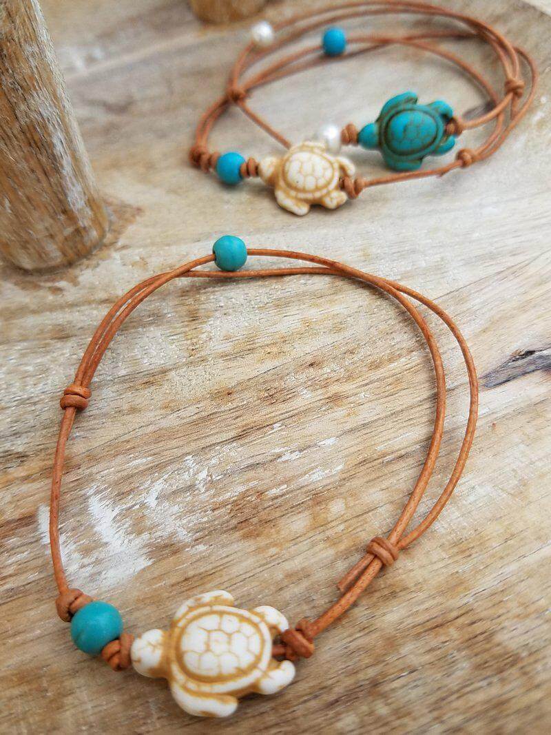 Beachy Turtle Leather Anklets or Bracelets - Summer Indigo 