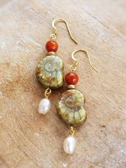 Czech Glass Ammonite and Pearl Earrings  Summer Indigo 