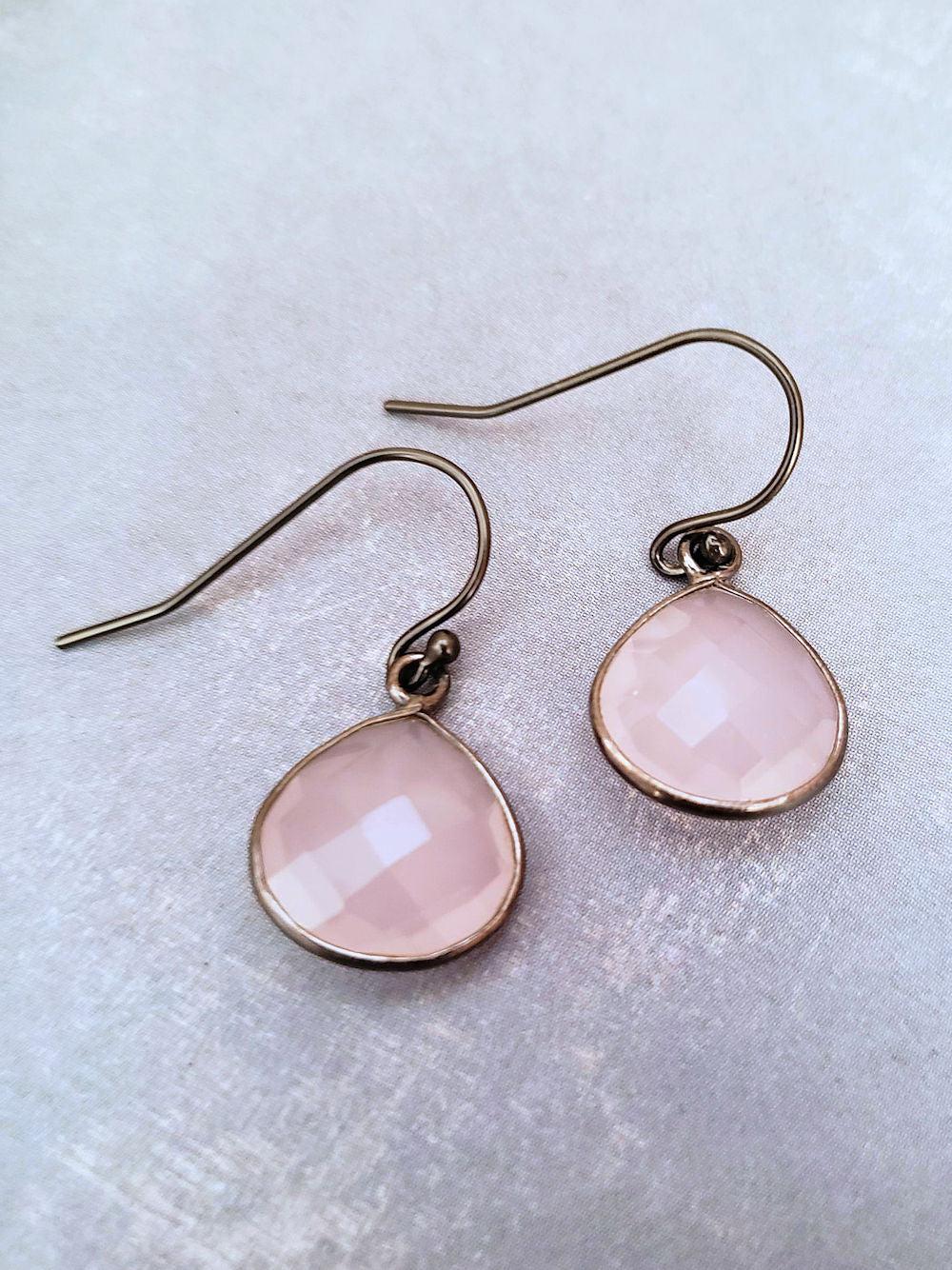 Rose Quartz Earrings - Pear Drop in Silver or 18K Gold over Silver  Summer Indigo 