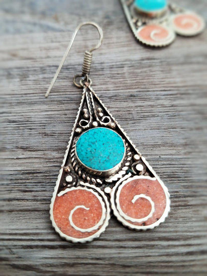 Coral and Turquoise Earrings - Swirly Drop  Summer Indigo 