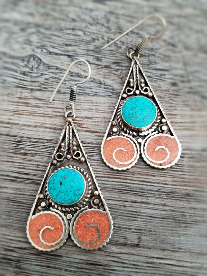 Coral and Turquoise Earrings - Swirly Drop  Summer Indigo 