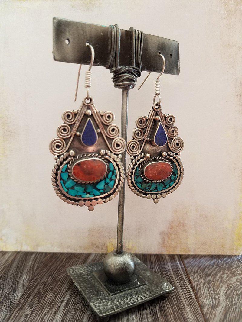 Lapis, Coral and Turquoise Inlay Earrings  Summer Indigo 