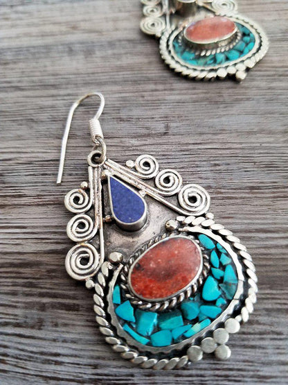 Lapis, Coral and Turquoise Inlay Earrings  Summer Indigo 