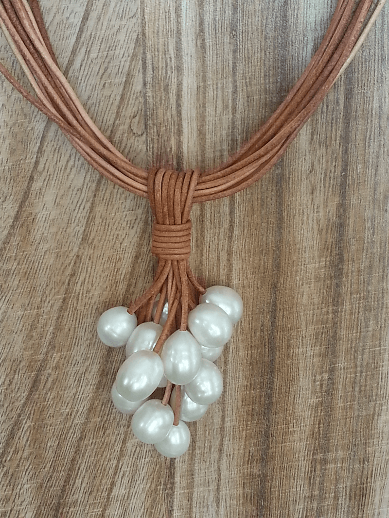 Pearl Cluster Necklace - Tan Leather  Summer Indigo 