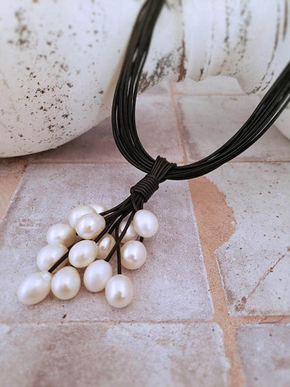 Leather and Pearl Cluster Necklace  Summer Indigo 