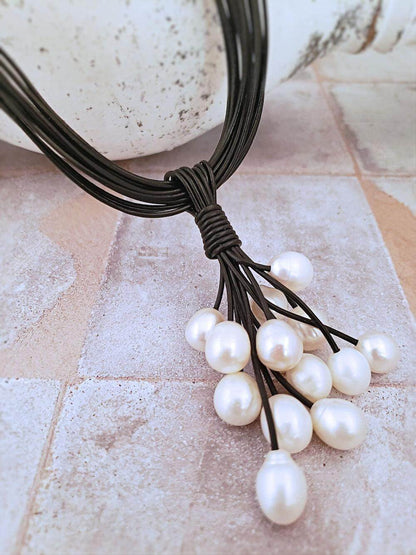 Leather and Pearl Cluster Necklace  Summer Indigo 
