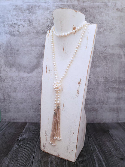 Lariat Pearl Necklace - Crystal Tassels  Summer Indigo 