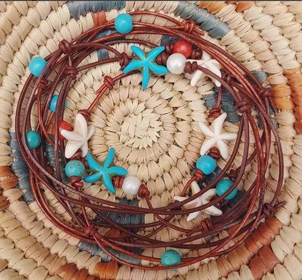 Beachy Starfish Leather Anklets or Bracelets - Summer Indigo 