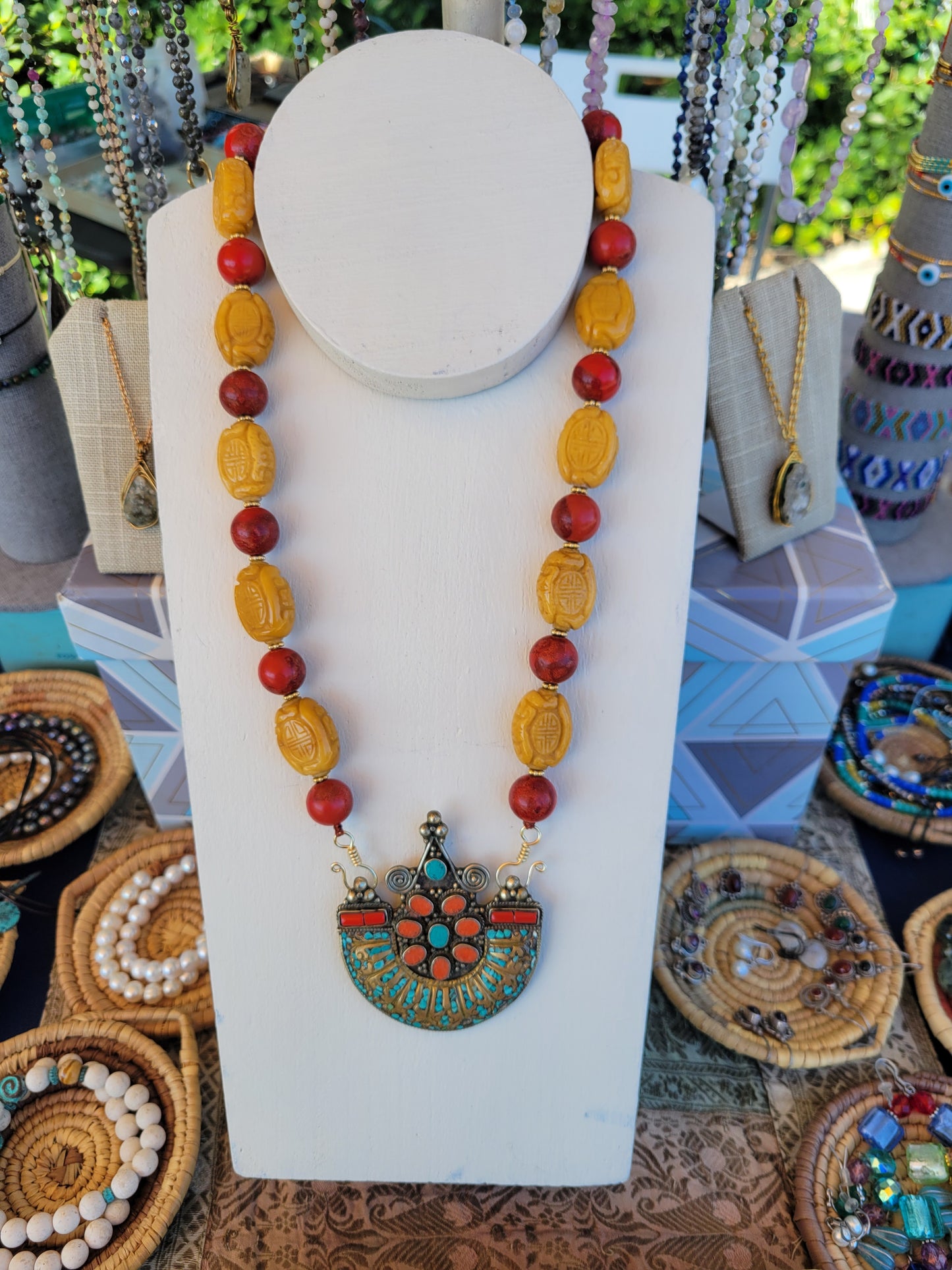 Yellow Jade & Sponge Coral Convertible Necklace