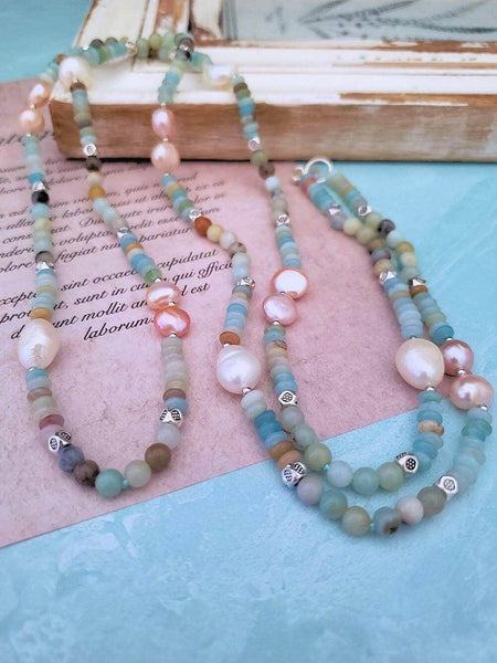 Amazonite and Pearl Necklace with Silver Accents