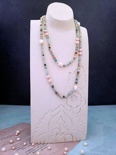 Amazonite and Pearl Necklace with Silver Accents