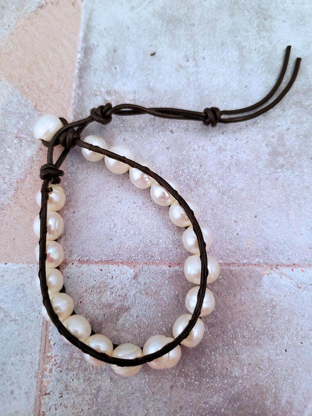 Leather and Pearl Bracelet - Single Wrap  Summer Indigo 