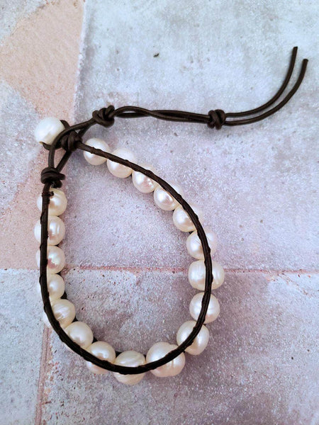 Leather and Pearl Bracelet - Brown or Black Leather