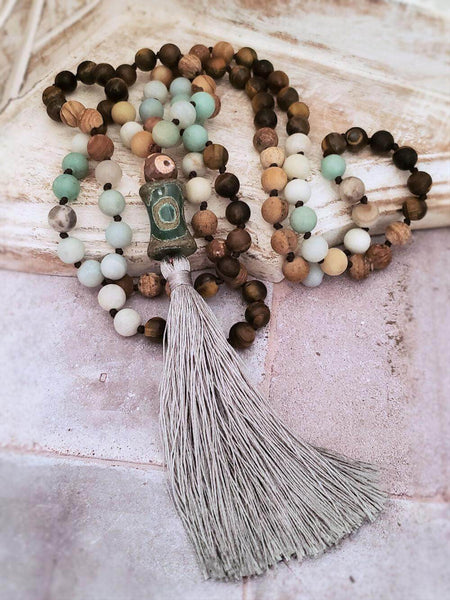 Mala Necklace - Mixed Stones and Dzi Beads with Sage Tassel