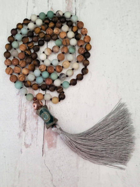 Mala Necklace - Mixed Stones and Dzi Beads with Sage Tassel