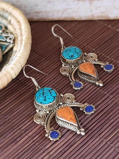 Turquoise and Coral Earrings - Tibetan Style  Summer Indigo 