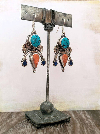 Turquoise and Coral Earrings - Tibetan Style  Summer Indigo 