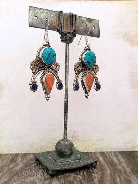 Turquoise and Coral Earrings - Tibetan Style