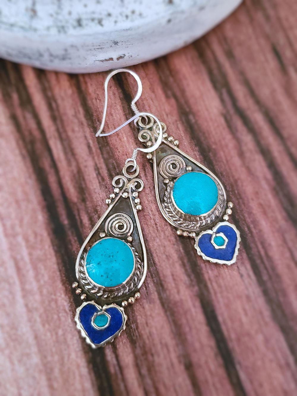 Tibetan Earrings - Coral, Lapis & Turquoise  Summer Indigo 