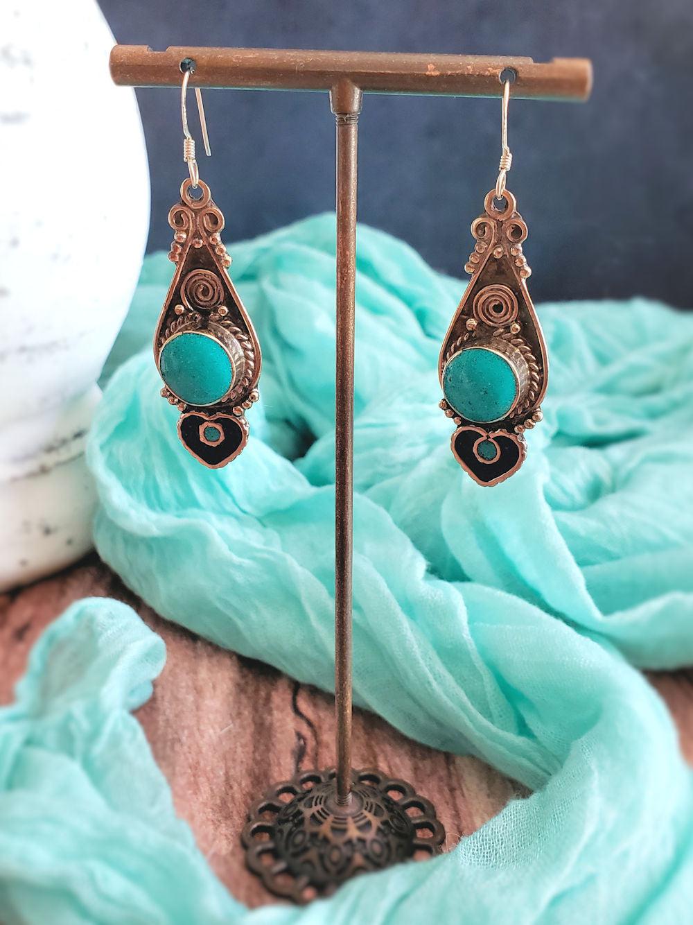 Tibetan Earrings - Coral, Lapis & Turquoise
