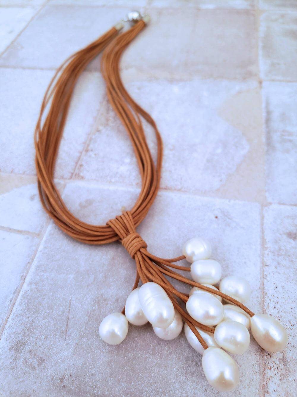 Pearl Cluster Necklace - Tan Leather - Summer Indigo 