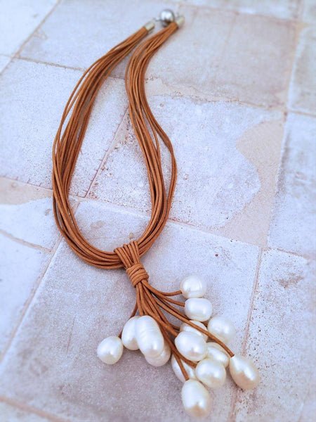 Pearl Cluster Necklace - Tan Leather - Summer Indigo 